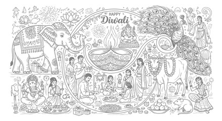 Obraz premium Detailed Happy Diwali line art with elephant and diya lamps.