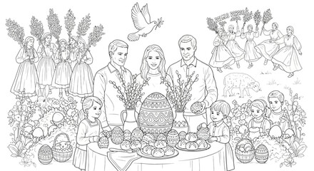 Obraz premium Family Easter celebration with eggs and traditional folk dancing.
