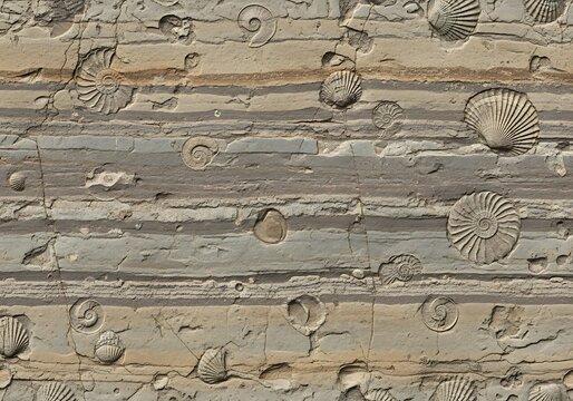 Fossilized ammonites and bivalve shells embedded in layered sedimentary rock