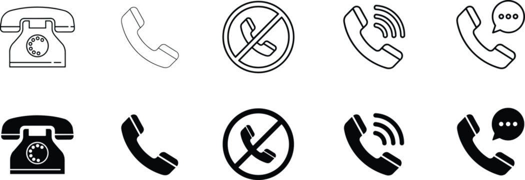 Telephone and communication icon set featuring vintage rotary desk phones call buttons ringing handsets chat bubbles and decline vectors
