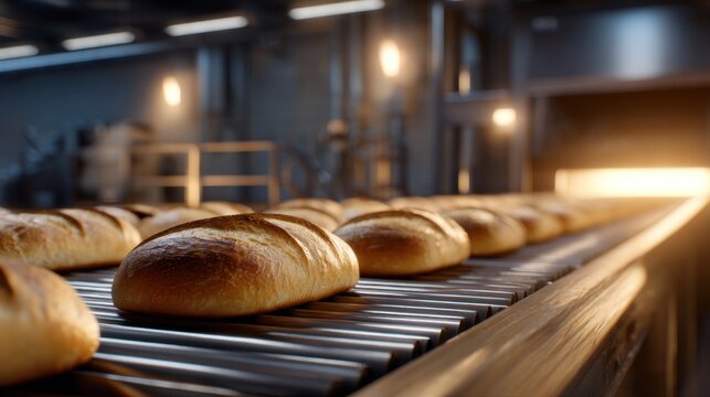 Freshly baked golden brown loaves of bread moving along conveyor rollers in a large industrial bakery with warm oven light in the background