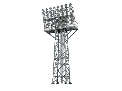 A large metal stadium lighting tower with multiple floodlights on top isolated on transparent background