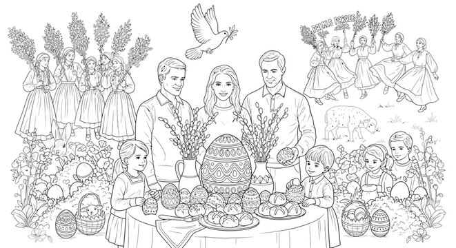Family Easter celebration with eggs and traditional folk dancing.