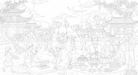Obraz premium Busy outdoor Asian festival market scene line art.