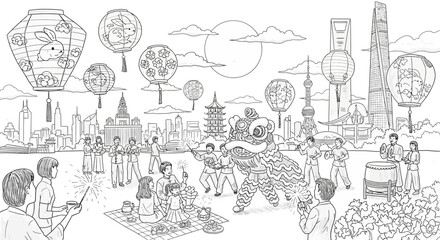 Obraz premium Mid-Autumn Festival celebration with lanterns and lion dance.