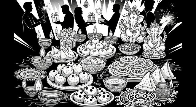 Hindu festival celebration with Lord Ganesha and food offerings.
