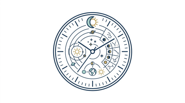 Celestial clock face with astrological symbols and cosmic elements.