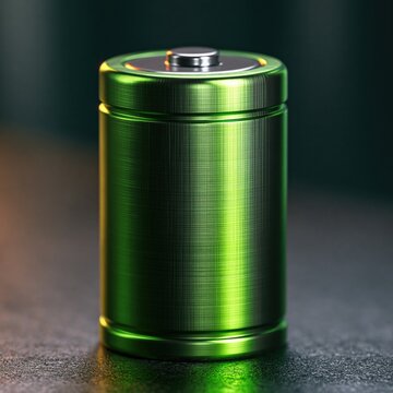 Shiny green metallic aa battery standing upright on textured surface with dark blurred background highlighting energy power source concept