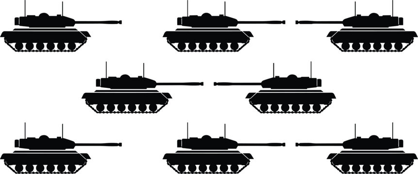 Black Military Tank Silhouette Collection, Repeating Pattern, War Vehicle with Cannon Isolated on White Background, Army Combat Equipment Flat Vector Illustration