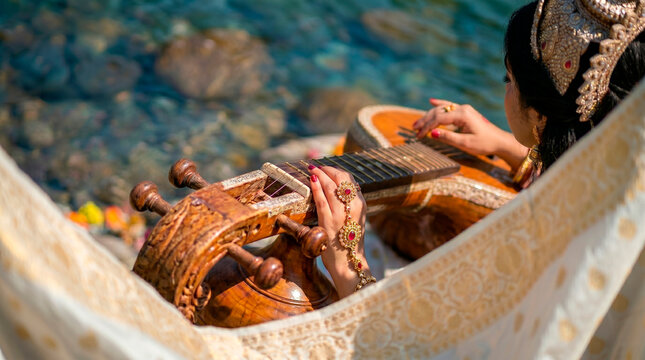 Hindu goddess Saraswati playing the veena by a river