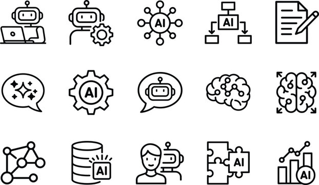 Artificial intelligence line icon bundle featuring chatbot assistants machine learning brain networks automation data processing business analytics and generative technology vectors