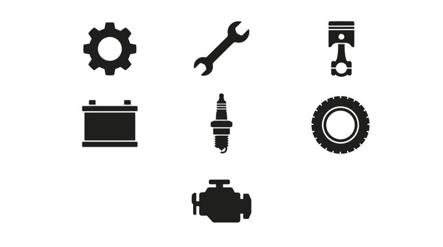 Set of black automotive icons representing vehicle maintenance car parts tools including gear wrench piston battery spark plug tire and engine assembl