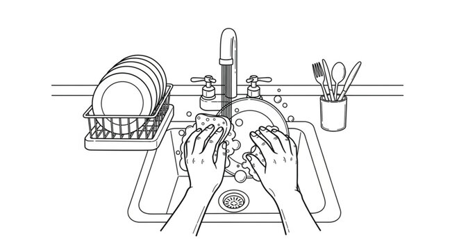 Hands washing dishes in sink.