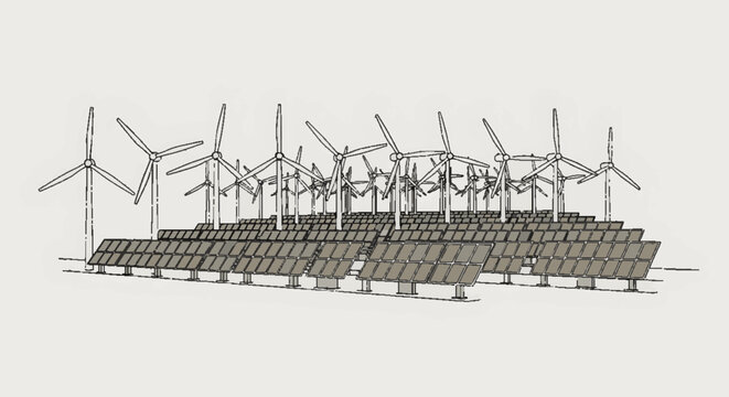 Renewable energy wind turbines and solar panels in a sustainable power farm.