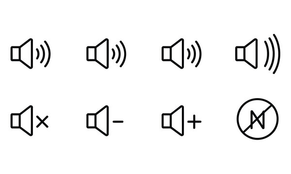 Sound speaker icons with volume control symbols on white background