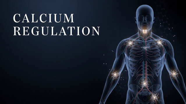 Human body with visible skeleton and nervous system illustrating calcium regulation and its effects on the body systems