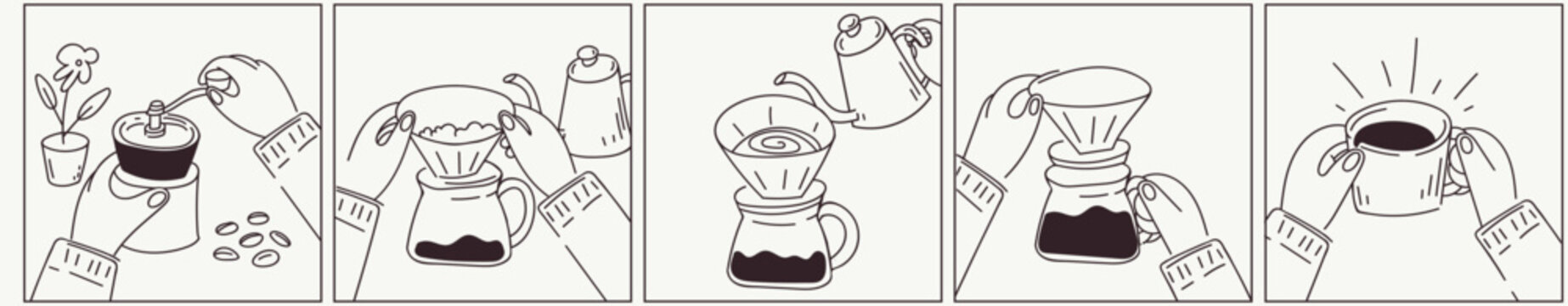 Step by step pour over coffee brewing process in first person view vector illustration