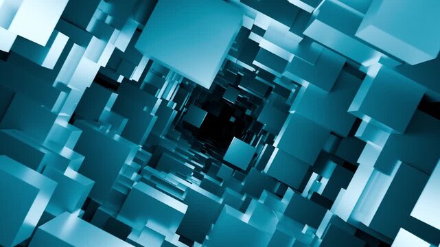 Looped animation of infinite flying through abstract cubic tunnel made of blue glossy 3D blocks. Futuristic corridor structure of rectangular elements with metallic surfaces. Seamless VJ loop 4K 60fps