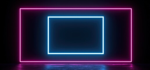 Fototapeta premium Neon lights create a glowing frame in a dark room at night for visual art and creative events