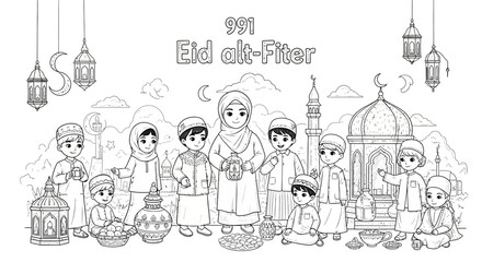 Obraz premium Eid al-Fitr celebration coloring page with family and mosque.