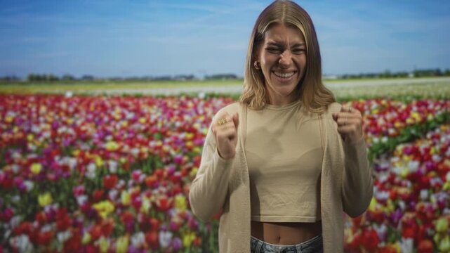 Woman smiling with hands clenched near chest showing rings and crop top midriff in colorful tulip field; joyful warmth.