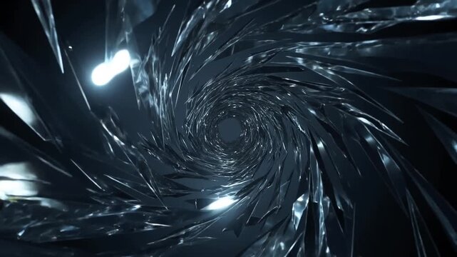 Tracking shot of metallic spiral vortex of reflective shards spiraling inward through dark studio tunnel with rotating motion and glowing highlights