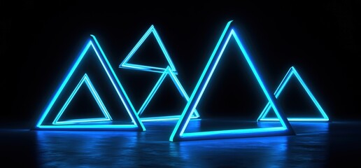 Neon triangles arranged on dark background create a modern art display in indoor space at night