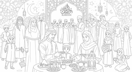 Obraz premium Islamic community gathering for Ramadan Kareem celebration line art.