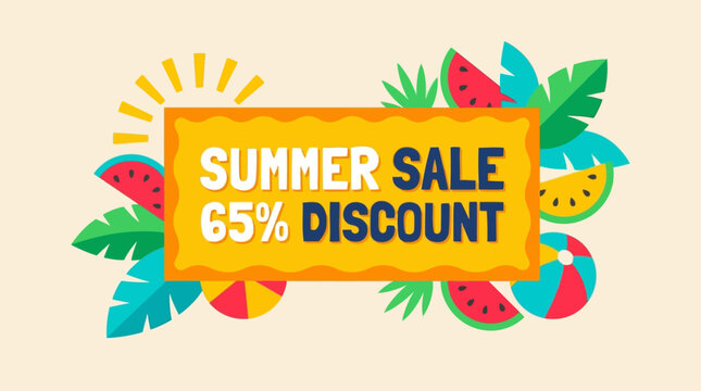 Vibrant summer sale advertisement with colorful fruits and leaves on a bright background
