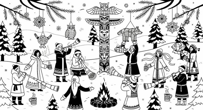 Winter solstice festival with totem and tribal celebrations.