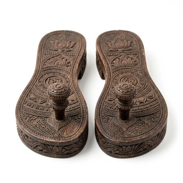Traditional Wooden Paduka Sandals Intricate Carved Design Ancient Indian Footwear Religious Cultural Artifact Hindu Ritual Object Isolated White Background Studio Shot