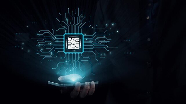 This image portrays a futuristic concept of connection between technology and data, featuring a smartphone and circuit board elements against a dark background, symbolizing innovation. Qubit