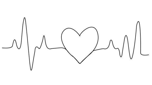 Continuous one line drawing of a heartbeat pulse, with minimalist black stroke on white background, abstract self drawing linear animation loop of medical ecg heart shape icon. 4k video
