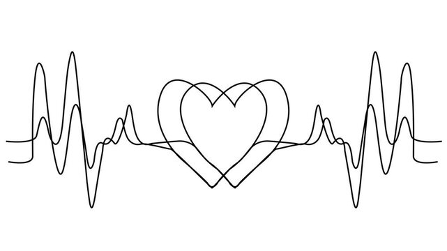 Minimalist single line art cardiogram line animation, featuring thin black outline path tracing, creative geometric line drawing sequence overlay clip for modern healthcare design. 4k video