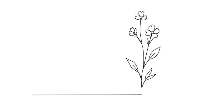 Minimalist single line art blooming floral frame animation, featuring thin black outline path tracing, creative geometric line drawing sequence overlay clip for modern design asset. 4k video