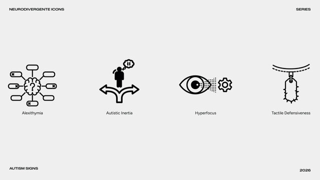autism comorbid conditions and executive dysfunction icons, neurodivergent developmental signs and adhd traits vector signs, mental health spectrum outline set