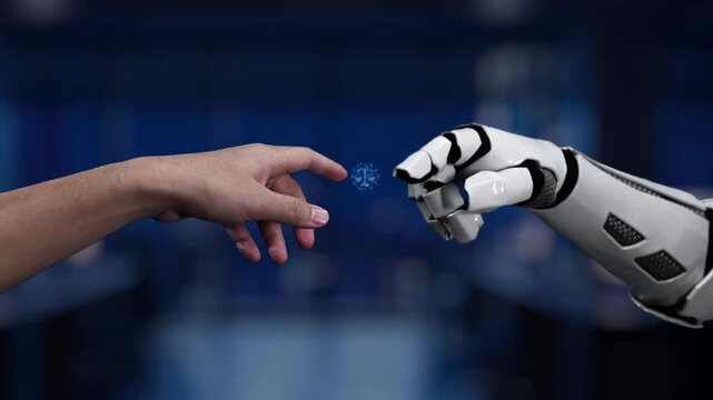 The image illustrates the interplay between human and robot, emphasizing ethical and legal dimensions of artificial intelligence in our modern society and its implications. Synapse