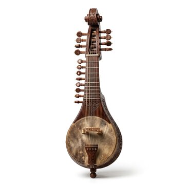 Traditional Indian Sarangi Instrument Stringed Musical Device Folk Music Performance Equipment Cultural Heritage Artifact Handcrafted Wooden Design Isolated White Background