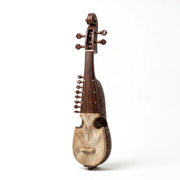 Traditional wooden stringed instrument, handmade acoustic folk musical instrument, vintage oriental sarangi rabab isolated on white background