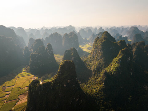 Breathtaking Aerial View of Karst Mountains in Guangxi, China at Sunrise