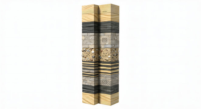 High-Detail 3D Render of a Geological Stratigraphic Column with Lithology Symbols, Suitable for Science Education, Isolated on White Background