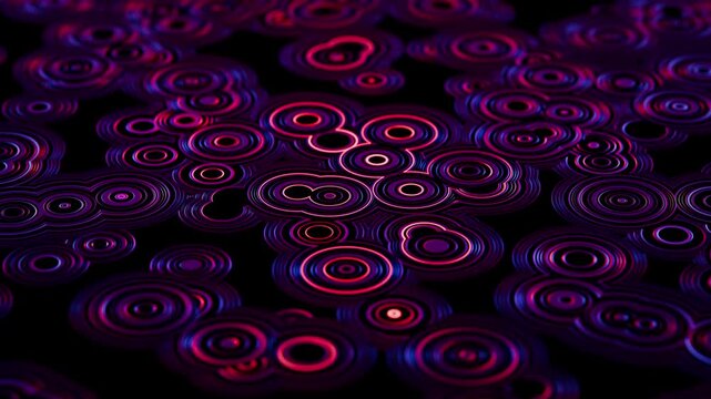 Abstract concentric circles background with animated neon rings and bright pink purple glow effect. Smoothly moving geometric pattern for cyber aesthetic art and nightclub music performances. 4K 60fps