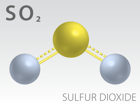 Sulfur dioxide SO2 molecule model and chemical formula. Sulphur dioxide.  Gas. Three dimentional model, Illustration on white background. EPS10.