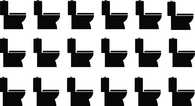 Black Silhouette Vector Collection of Toilets or Water Closets in Profile View, Bathroom Fixture Icons for Plumbing, Hygienic Systems, and Flat Design