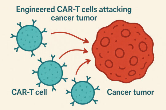 Engineered CAR T cell attacking cancer tumor, immunotherapy concept, medical illustration showing immune cell targeting malignant growth in oncology treatment