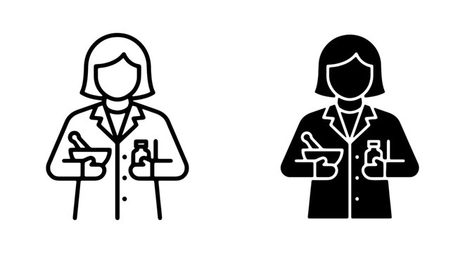 Pharmacist icon, female pharmacist holding mortar and pestle, medical professional vector