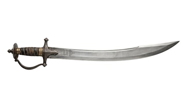Antique curved scimitar sword with ornate hilt, traditional oriental talwar blade, vintage steel sabre weapon isolated on white background