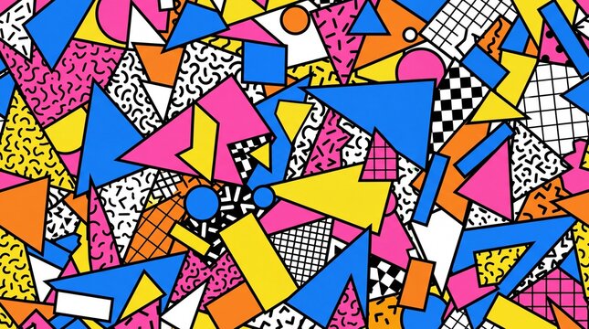 Vibrant geometric shapes in a colorful abstract composition with various patterns 4k