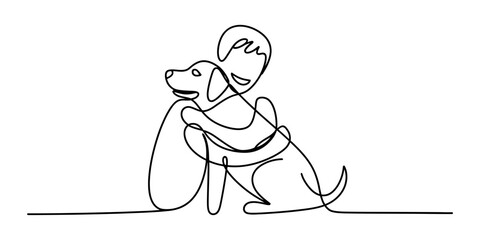 A single continuous line drawing of a happy child hugging their friendly pet dog showing love and friendship in a simple artistic minimal style Vector, illustration