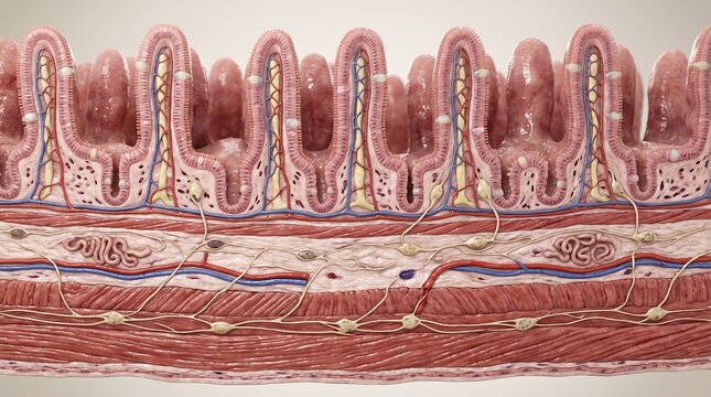Anatomy illustration of intestinal villi and microscopic structure of tissue